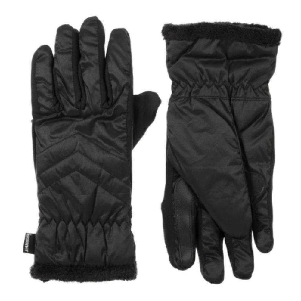 Isotoner Women’s Black SleekHeat touchscreen capability Quilted Gloves S…